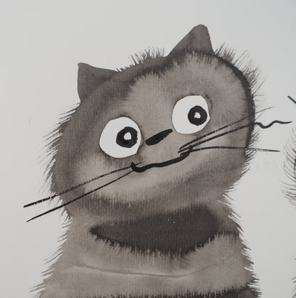 Laszlo TIBAY : Les chats amoureux - Dessin original signé