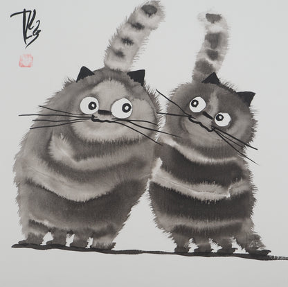 Laszlo TIBAY : Couple de chats - Dessin original signé