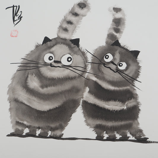 Laszlo TIBAY : Couple de chats - Dessin original signé