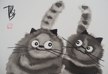 Laszlo TIBAY : Couple de chats - Dessin original signé