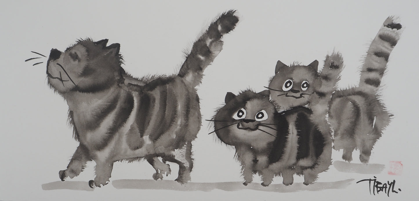 Laszlo TIBAY : Maman chat et sa jolie fratrie - Dessin original signé