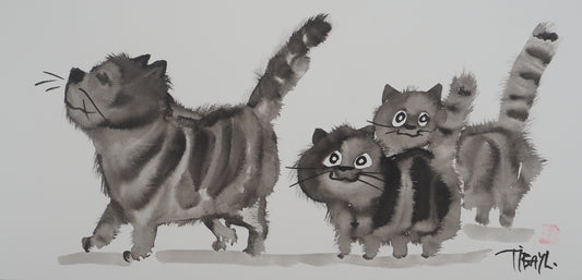 Laszlo TIBAY : Maman chat et sa jolie fratrie - Dessin original signé
