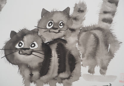 Laszlo TIBAY : Maman chat et sa jolie fratrie - Dessin original signé
