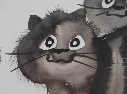 Laszlo TIBAY : Maman chat et sa jolie fratrie - Dessin original signé