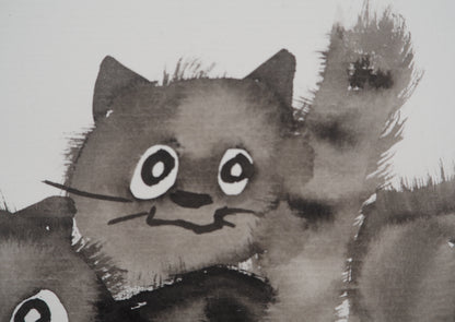Laszlo TIBAY : Maman chat et sa jolie fratrie - Dessin original signé