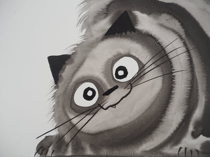 Laszlo TIBAY : Petite boule de chat - Dessin original signé