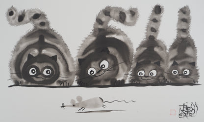 Laszlo TIBAY : Famille de chats en chasse - Dessin original signé