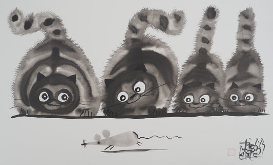 Laszlo TIBAY : Famille de chats en chasse - Dessin original signé