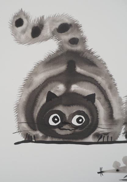 Laszlo TIBAY : Famille de chats en chasse - Dessin original signé