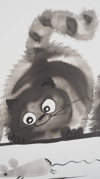 Laszlo TIBAY : Famille de chats en chasse - Dessin original signé