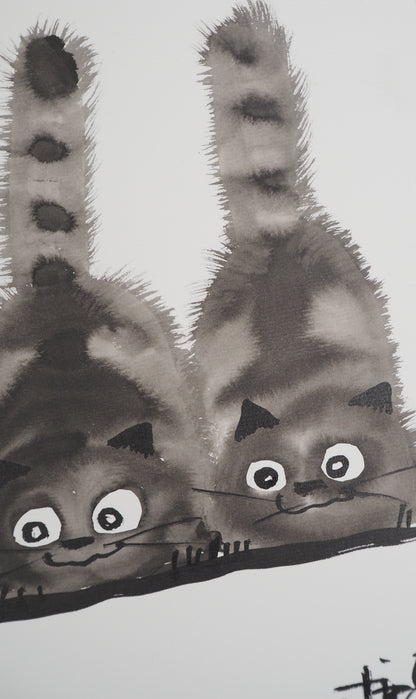 Laszlo TIBAY : Famille de chats en chasse - Dessin original signé