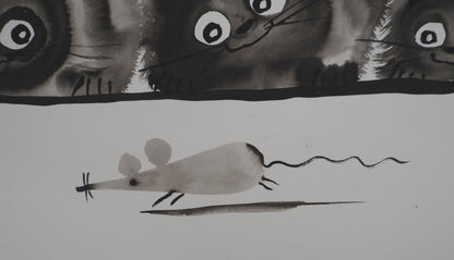Laszlo TIBAY : Famille de chats en chasse - Dessin original signé