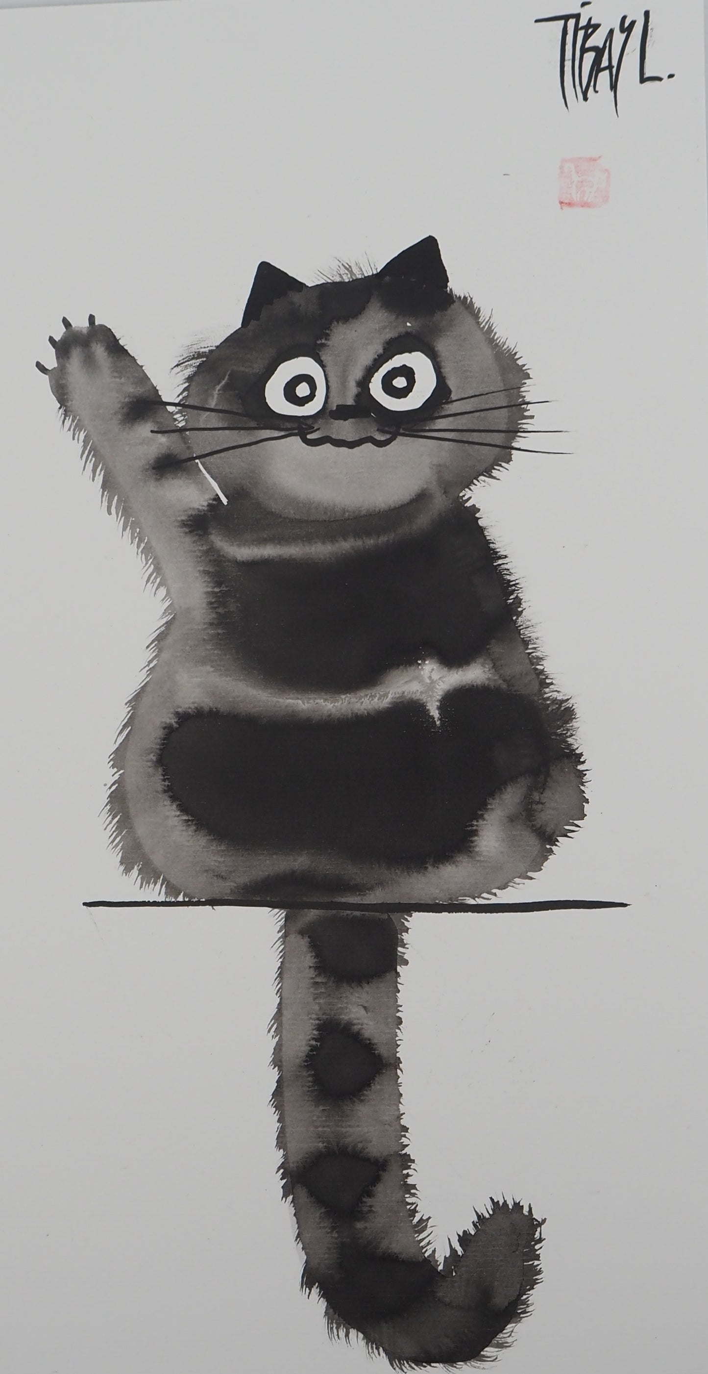 Laszlo TIBAY : Le salut du chat - Dessin original signé