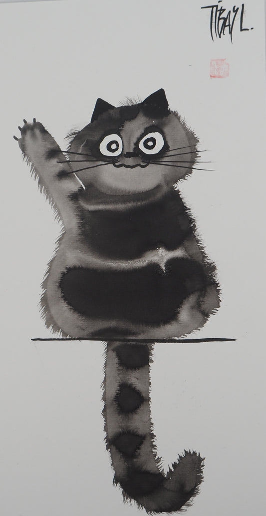 Laszlo TIBAY : Le salut du chat - Dessin original signé
