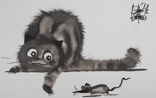 Laszlo TIBAY : Le chat à l'attaque - Dessin original signé