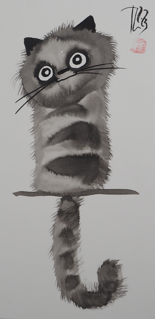 Laszlo TIBAY : Le chat perché - Dessin original signé
