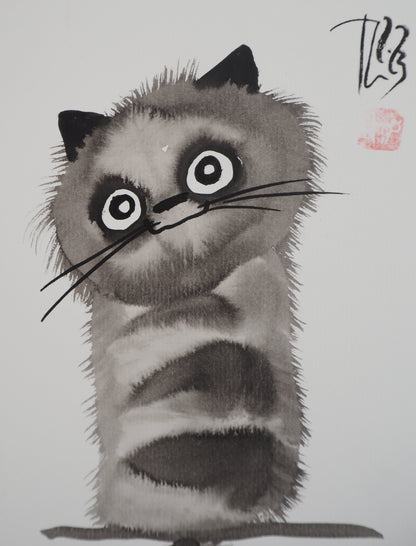 Laszlo TIBAY : Le chat perché - Dessin original signé
