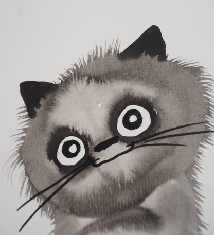 Laszlo TIBAY : Le chat perché - Dessin original signé