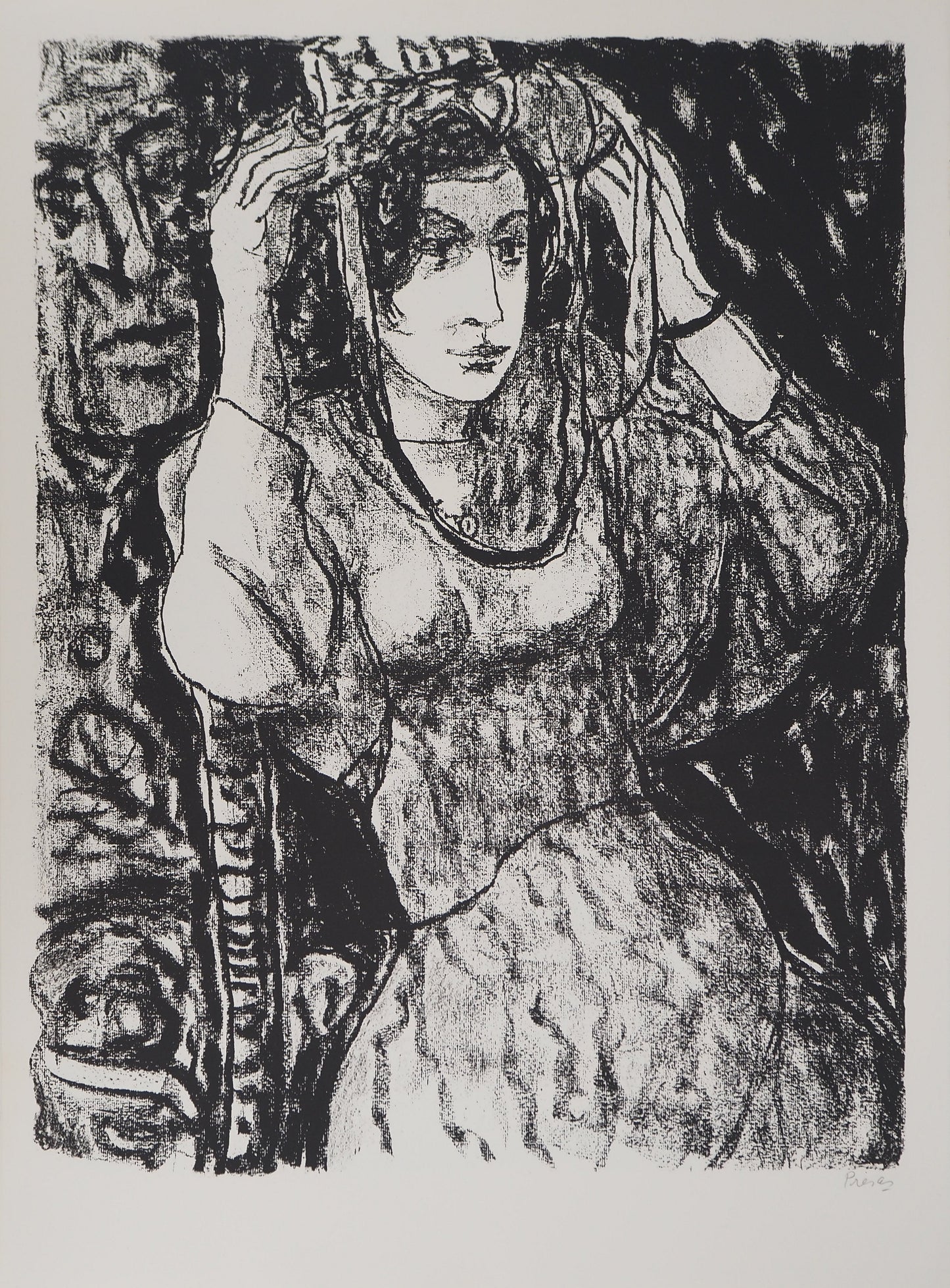 Leopoldo PRESAS : Jeune femme au chapeau de paille - Lithographie originale signée