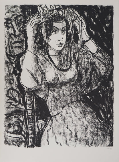 Leopoldo PRESAS : Jeune femme au chapeau de paille - Lithographie originale signée