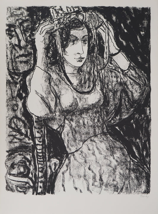 Leopoldo PRESAS : Jeune femme au chapeau de paille - Lithographie originale signée