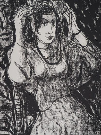 Leopoldo PRESAS : Jeune femme au chapeau de paille - Lithographie originale signée