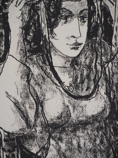Leopoldo PRESAS : Jeune femme au chapeau de paille - Lithographie originale signée