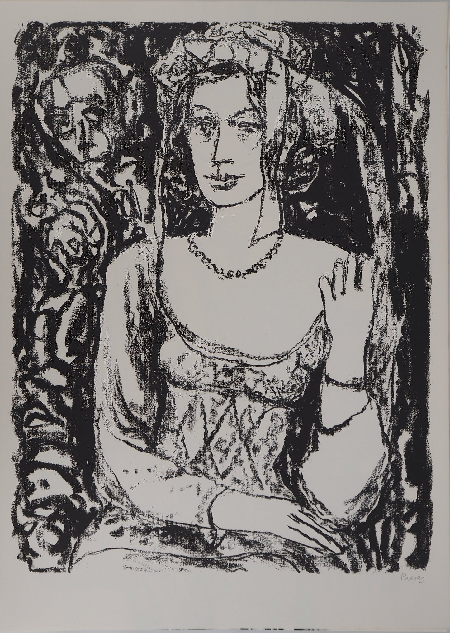 Leopoldo PRESAS : Jeune femme au collier de perles - Lithographie originale signée