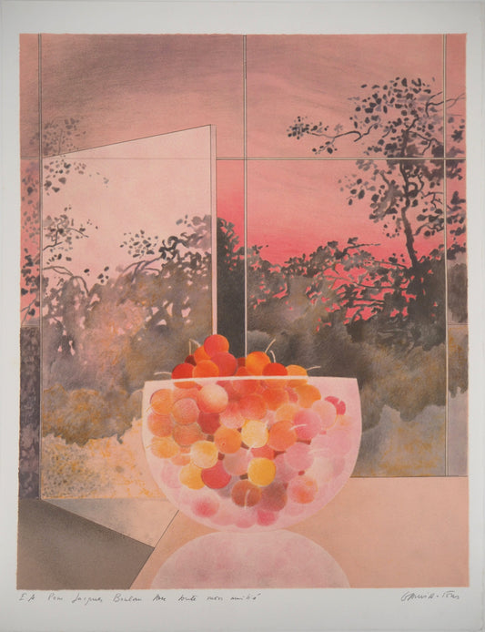 Pierre GARCIA FONS : Cerises devant la fenêtre ouverte - Lithographie originale signée et dédicacée
