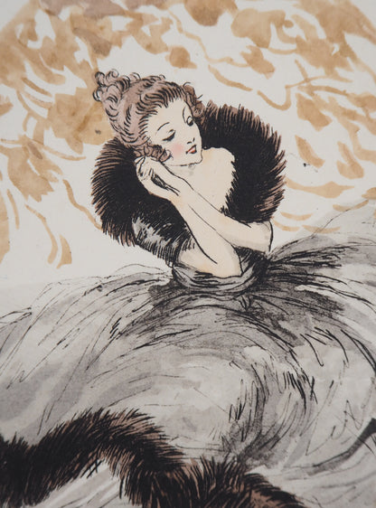 Louis ICART : Jeune femme rêveuse - Gravure originale signée