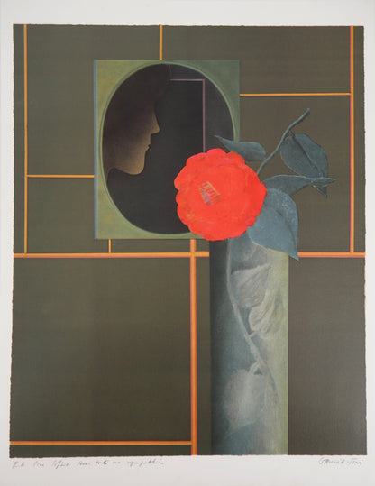 Pierre GARCIA FONS : Femme de profil à la rose - Lithographie originale signée et dédicacée