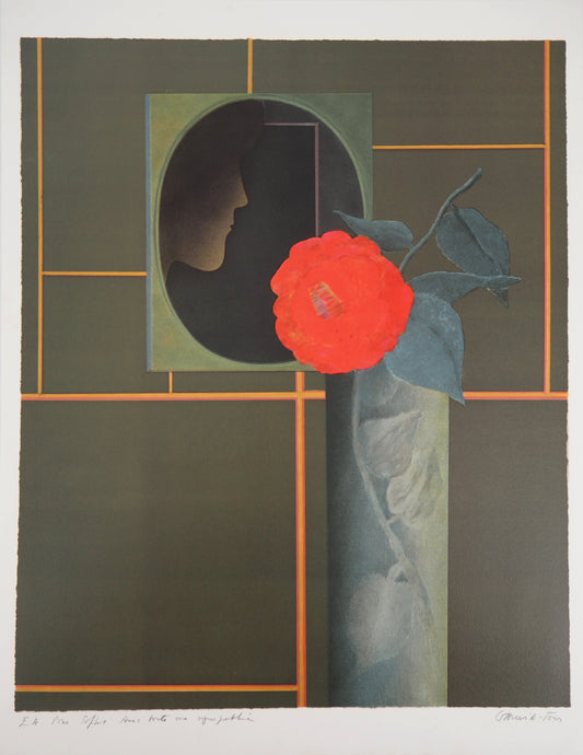 Pierre GARCIA FONS : Femme de profil à la rose - Lithographie originale signée et dédicacée