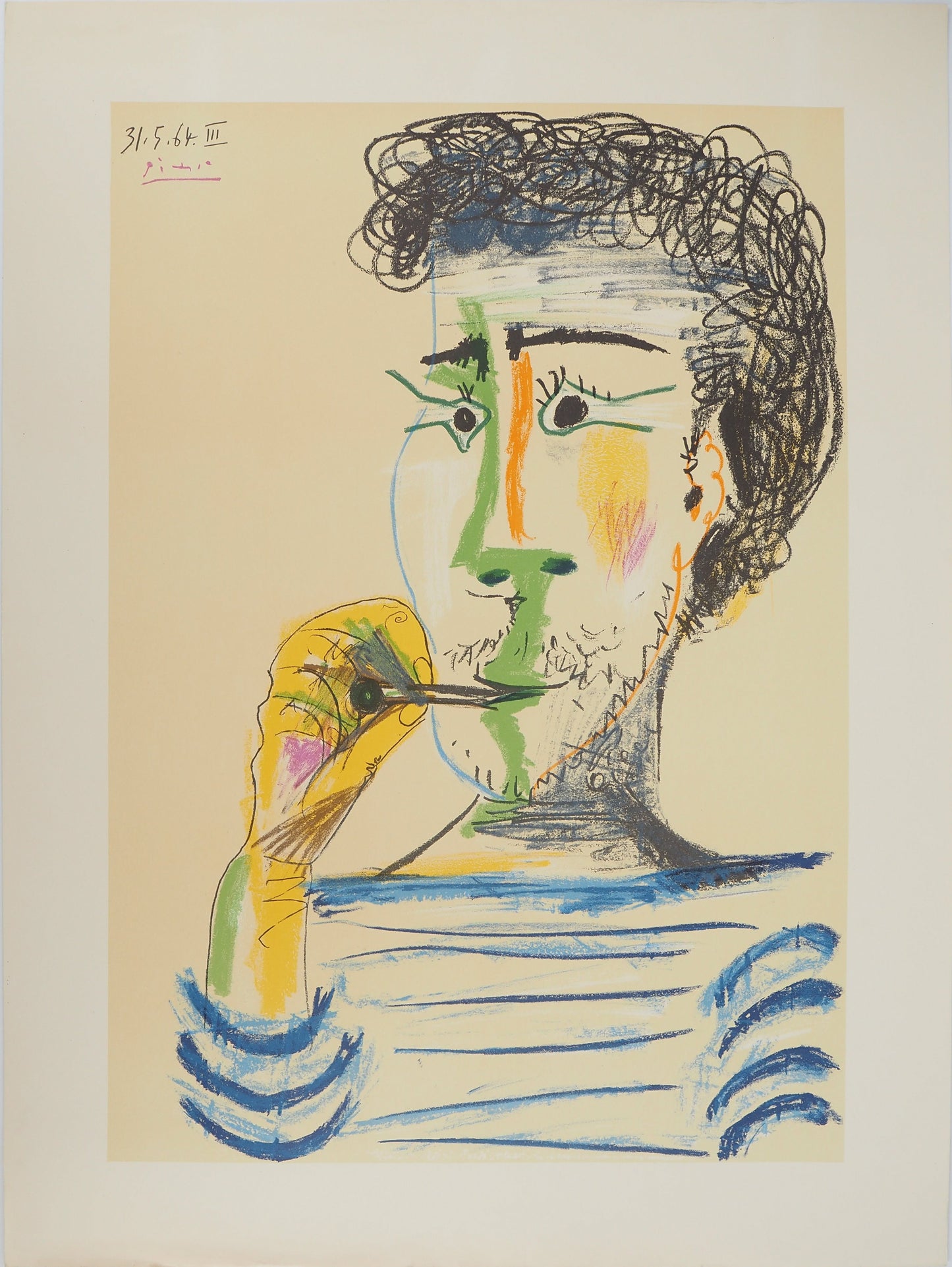 Pablo PICASSO : Homme à la marinière et à la cigarette - Lithographie signée (1966)