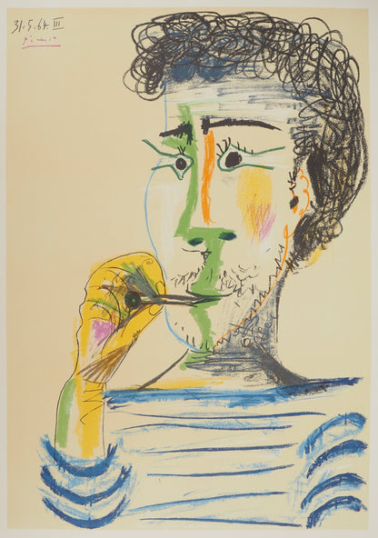 Pablo PICASSO : Homme à la marinière et à la cigarette - Lithographie signée (1966)