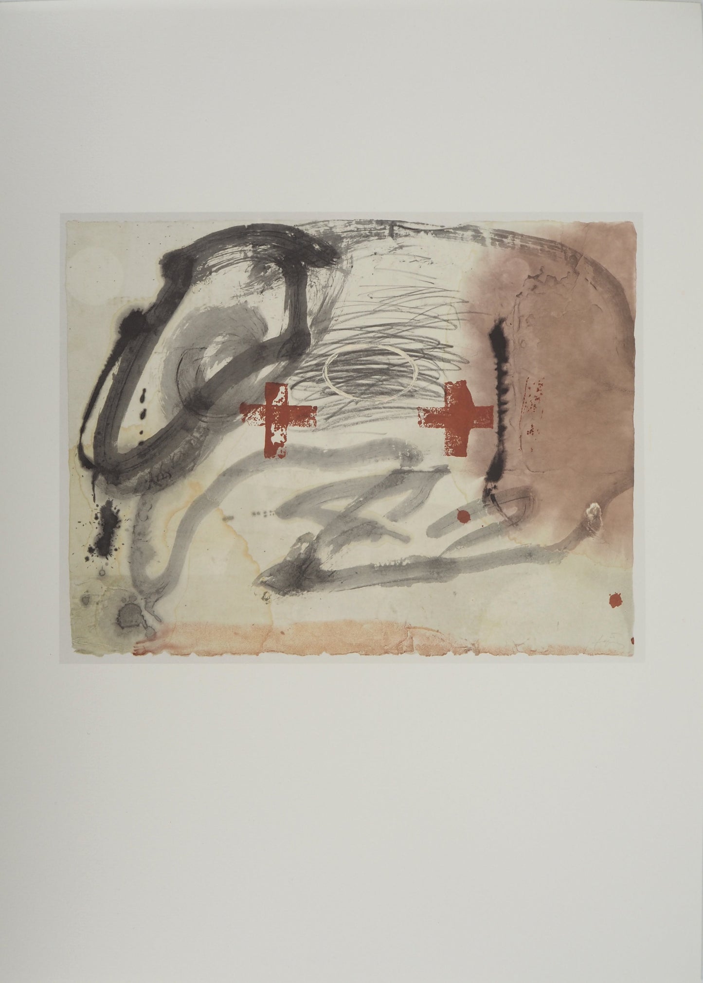 Antoni TAPIES : Paysage abstrait aux deux croix - Lithographie signée