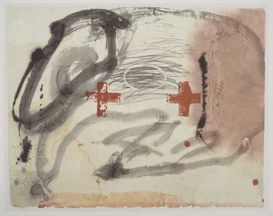 Antoni TAPIES : Paysage abstrait aux deux croix - Lithographie signée