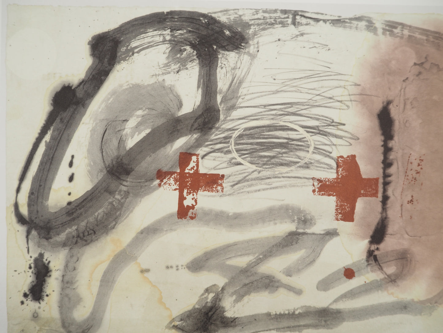 Antoni TAPIES : Paysage abstrait aux deux croix - Lithographie signée