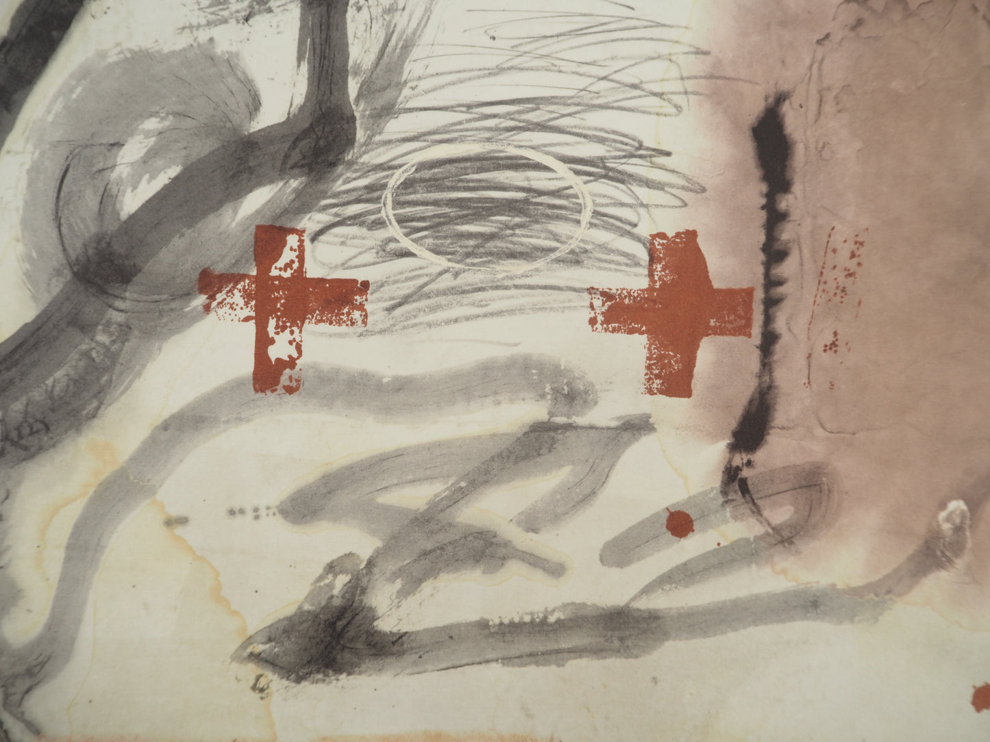 Antoni TAPIES : Paysage abstrait aux deux croix - Lithographie signée