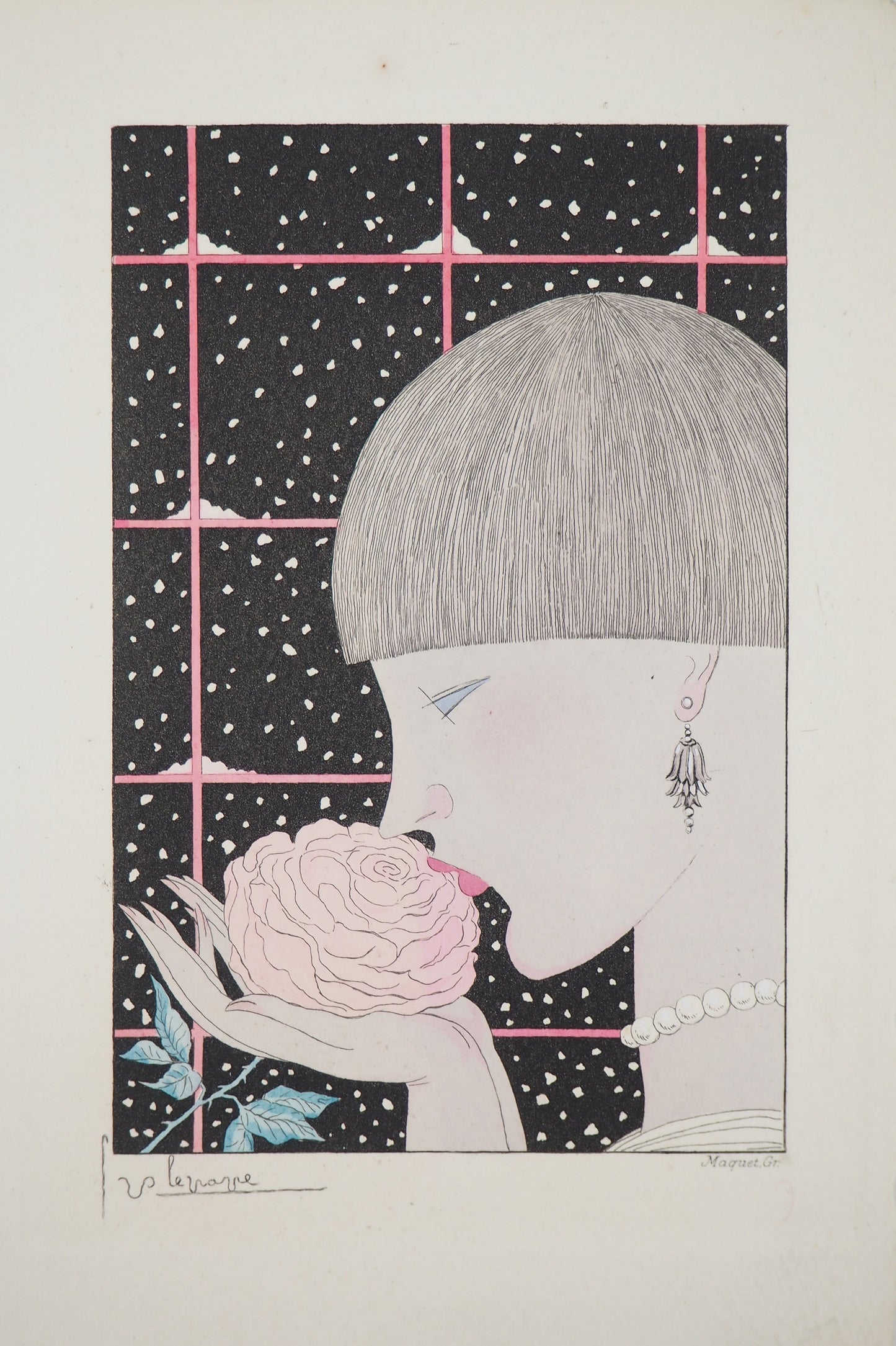 Georges LEPAPE : Jeune femme à la rose - Gravure originale signée