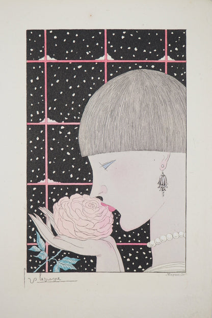 Georges LEPAPE : Jeune femme à la rose - Gravure originale signée