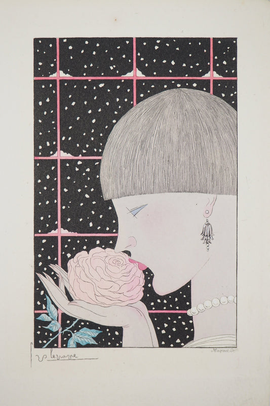 Georges LEPAPE : Jeune femme à la rose - Gravure originale signée