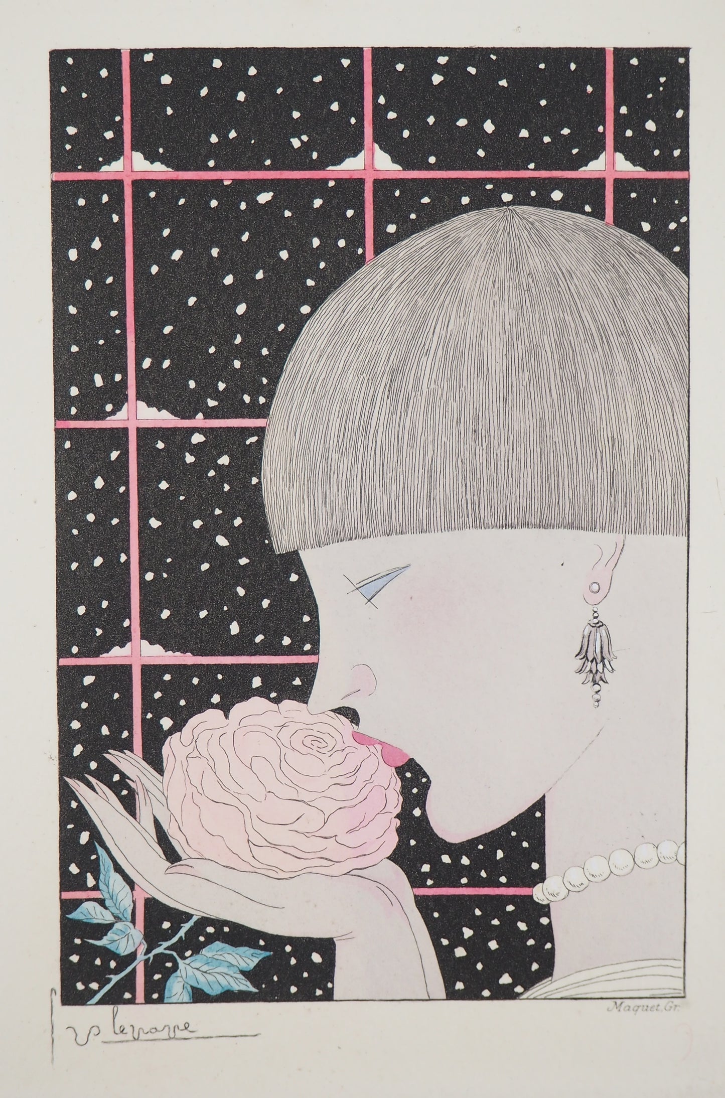 Georges LEPAPE : Jeune femme à la rose - Gravure originale signée