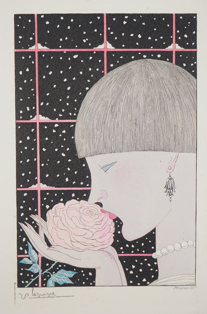 Georges LEPAPE : Jeune femme à la rose - Gravure originale signée