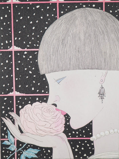 Georges LEPAPE : Jeune femme à la rose - Gravure originale signée