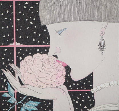 Georges LEPAPE : Jeune femme à la rose - Gravure originale signée