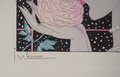 Georges LEPAPE : Jeune femme à la rose - Gravure originale signée