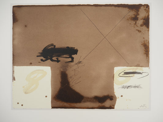 Antoni TAPIES : Composition expressive aux deux rectangles blancs - Lithographie signée