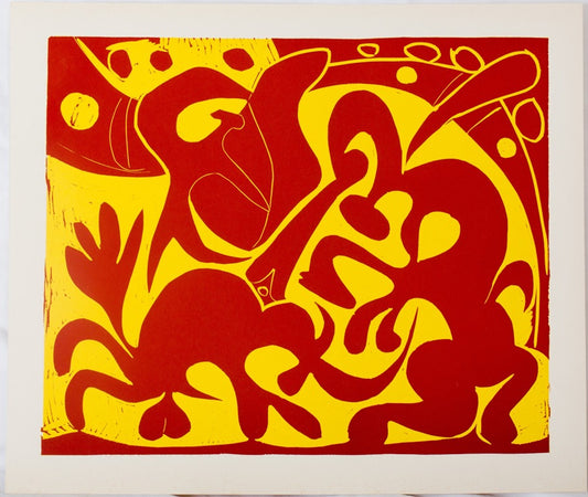 Pablo PICASSO : Pique en rouge et jaune - Linogravure