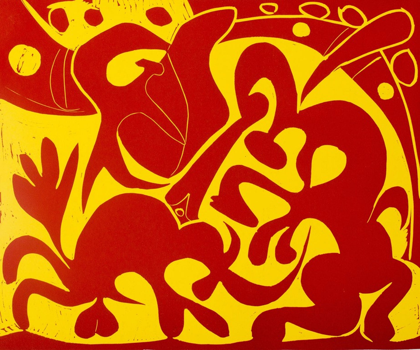 Pablo PICASSO : Pique en rouge et jaune - Linogravure