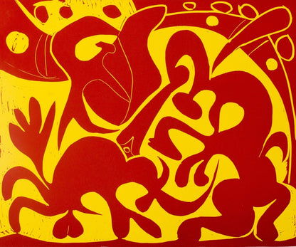 Pablo PICASSO : Pique en rouge et jaune - Linogravure